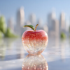 A sparkling glass apple with golden details,set in cityscape.