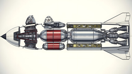 Cross-section of a space rocket with interior view revealing crew capsules and engine components