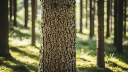 Obraz premium Close-up of a textured tree trunk with bark in a sunlit forest