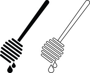 Honey dipper stick flat, outline icon set. Wooden honey spoon dripping symbols, sweet syrup nectar tool, vectors illustration for food kitchen designs. Modern skincare and beauty treatment honey comb. © Mr 360 graphic