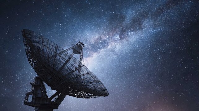 Large radio telescope dish under starry night sky with Milky Way galaxy