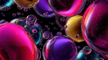 Colorful abstract close-up of vibrant oil droplets suspended in water with multicolored hues of orange, pink, blue, and purple creating artistic fluid dynamics composition