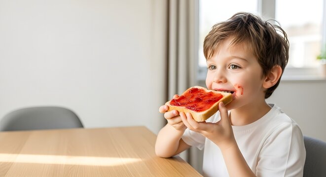 A smiling little boy happily eating a slice of toast spread with sweet strawberry jam at a wooden table, portraying a wholesome breakfast concept for a bright morning.