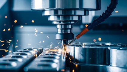 Industrial CNC machine cutting metal with sparks flying in a high precision manufacturing process for engineering and automation industry