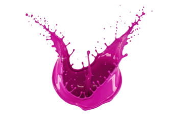hyperrealistic dynamic splash of highly viscous magenta paint exploding outward, captured mid-air with microscopic droplets against a transparent background. concept for liquid abstract advertising