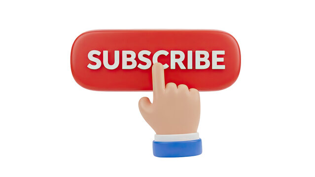 3D Subscribe Button with Cartoon Hand Cursor on transparent background