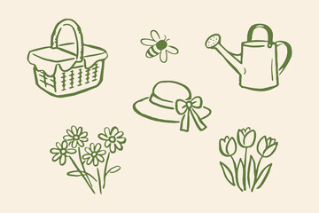 Garden set basket watering can flowers hat doodle line art vector illustration © Victoria