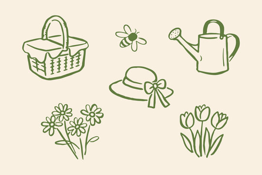 Garden set basket watering can flowers hat doodle line art vector illustration
