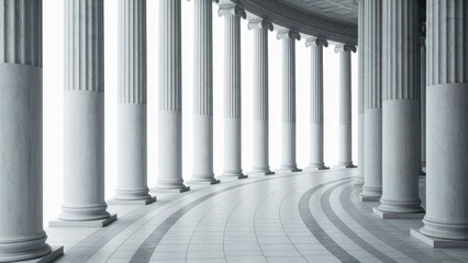 White classical colonnade with curving architectural pillars and a patterned floor, isolated on white background
