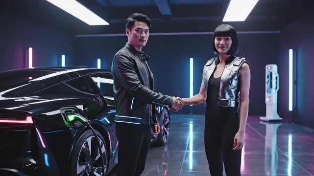 Visionary collaboration sealed by a handshake between two professionals in a sleek, futuristic showroom, highlighting innovation in electric mobility and sustainable progress