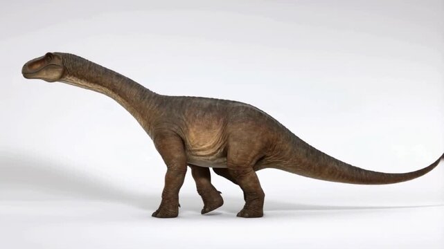 Ultra-Realistic Cinematic Brachiosaurus Dinosaur Standing and Walking Slowly on a Pure White Isolated Studio Background with Detailed Skin Texture and Natural Body Movement