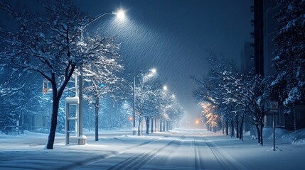 Nighttime Winter Cityscape with Snow Gently Falling
