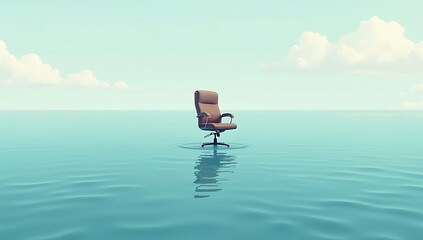 Surreal editorial illustration of a single office chair floating alone in a calm open ocean, symbolizing burnout, work detachment, and desire for escape, soft natural light, minimal composition, no te