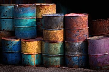 Gritty Stacked Industrial Barrels with Vibrant Rust Patina and Peeling Paint Textures.