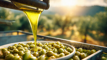 Golden olive oil streams from a press into a bowl filled with vibrant olives, set against a sun-drenched olive field, creating a rustic and inviting scene