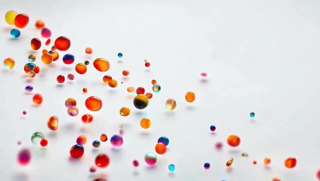 Colorful water beads bouncing and scattering on a white surface in slow motion, creating a vibrant and dynamic abstract background.