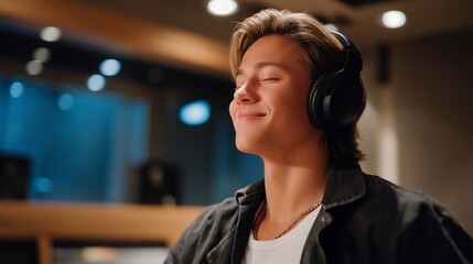 A musician in a recording studio reacting emotionally to hearing their finished track through headphones for the first time — artistic fulfillment, creative passion, and deeply personal
