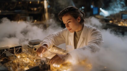 A scientist assembling superconducting coils inside a cryogenic chamber, frost swirling over the wiring as ultra-cold temperatures push the system toward zero resistance — advanced physics