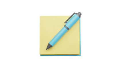 3D Blue pen on yellow sticky notes on transparent background