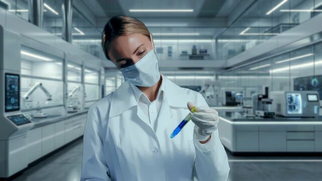 Female Scientist Checks, Scientist Monitors Reagent Purity Within Automated Drug Production Environment