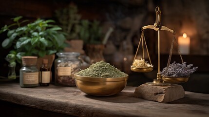 A vintage apothecary scene with brass balance scales beside dried herbs and handwritten labels, warm candlelight reflecting on delicate weights — historic wellness aesthetics, botanical medicine,