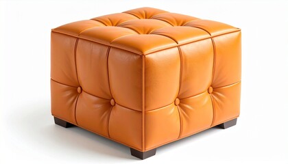 &ldquo;Orange leather tufted ottoman with quilted design and black legs on white background&rdquo;ottoman, tufted, quilted, leather, orange, square, plush, soft, elegant, modern, furniture, accent, decor, interio