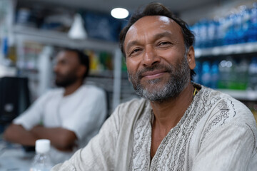 A smiling man sitting at a store counter, capturing the essence of customer service with a colleague in the background, emphasizing friendliness and professionalism.