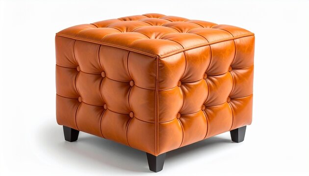 &ldquo;Orange leather tufted ottoman with quilted design and black legs on white background&rdquo;ottoman, tufted, quilted, leather, orange, square, plush, soft, elegant, modern, furniture, accent, decor, interio