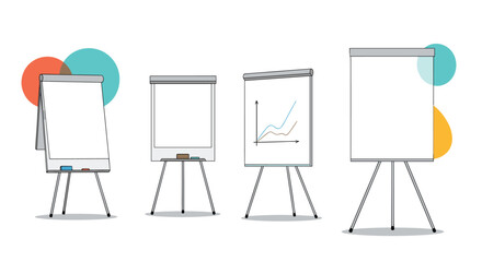 Collection of various flip charts and presentation stands used for business meetings, brainstorming, and educational workshops.