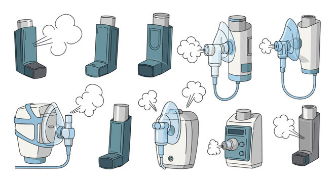 Variety of medical asthma inhalers and nebulizers used for respiratory treatment and breathing relief in healthcare and home settings.
