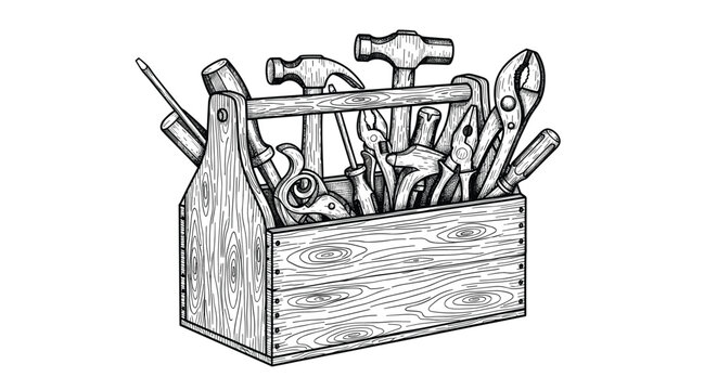 Sturdy wooden toolbox overflowing with various hand tools like hammers, screwdrivers, and pliers in a detailed engraving style.