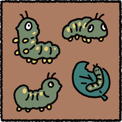 Cute Green Caterpillar Cartoon Illustration Set