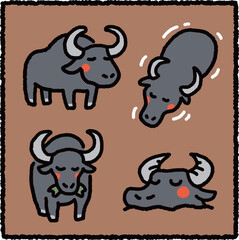 Cute Water Buffalo Cartoon Illustration Set
