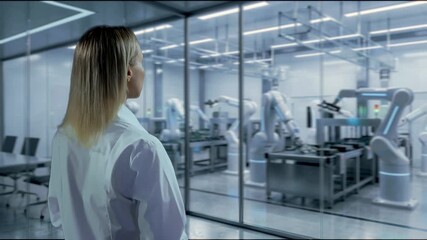 Scientist Monitors Automated Manufacturing, Researcher Oversees Robotic Production Process Carefully - Powered by Adobe