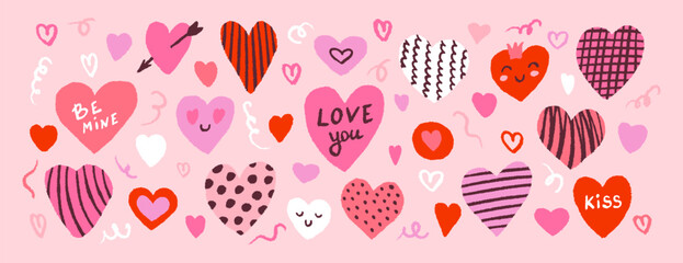 Cute set for Valentines day. Crayon hearts in hand drawn style, cute phrases. Vector trend colorful illustration