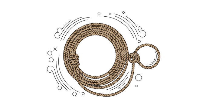 Illustration of a coiled brown rope or lasso with decorative line work and bubbles on a plain white background.