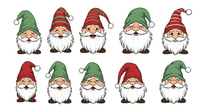 Collection of ten cute Christmas gnomes with long white beards and colorful hats showing different expressions.