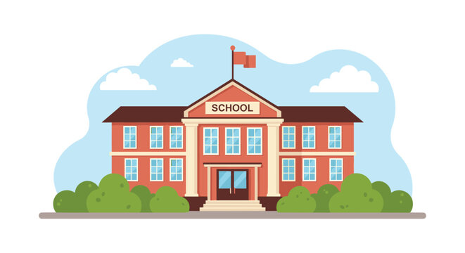 Flat illustration of a classic two story red brick school building with a flag on top and green garden bushes.