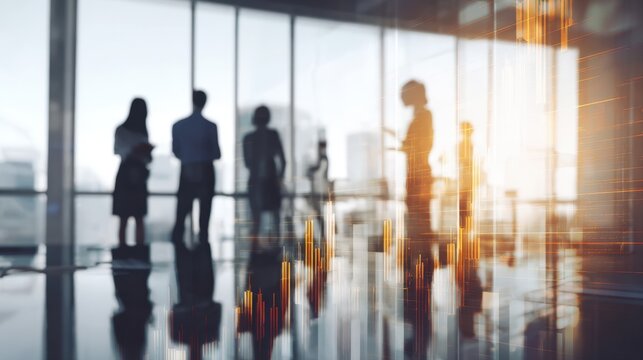 Corporate Business Professionals Silhouettes in Modern High-Rise Office with Abstract Financial Data Charts and Stock Market Trading Graph Overlays Representing Global Economic Success and Growth