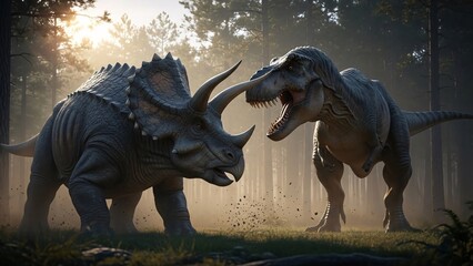 Fototapeta premium Epic Dinosaur Battle Scene Featuring a Triceratops and a Tyrannosaurus Rex in a Prehistoric Forest Setting with Dramatic Lighting and Intense Action
