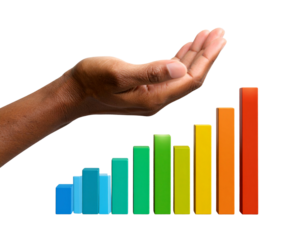 _dark hand raising colorful financial bars with arrow, symbolizing increasing business