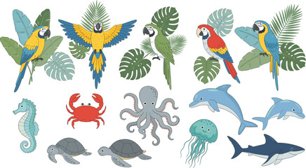 Cute Tropical Birds and Sea Animals Collection, Colorful Parrots and Marine Life Cartoon Vector Illustration Set © Momota