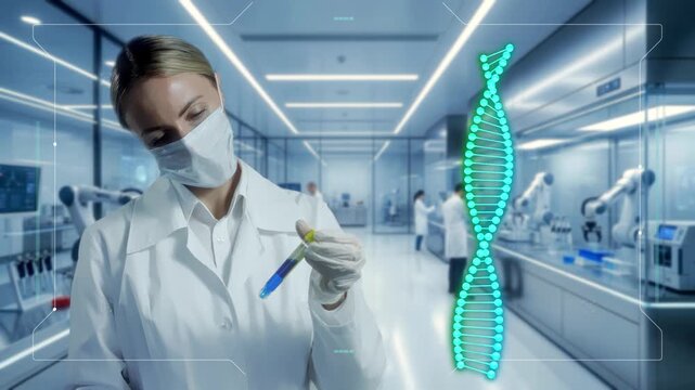 Meticulous Female Researcher Thoroughly Examines Luminous DNA Sample Within Hightech Laboratory Environment