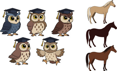 Fototapeta premium Graduation Owls and Horse Characters Set, Cute Educational Animal Mascots, Cartoon Vector Illustration Isolated on White