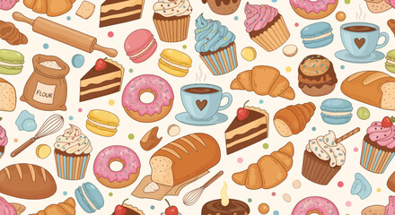 Delicious bakery items vector seamless pattern, featuring cakes, donuts, croissant, bread and