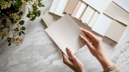 Hands Selecting Paint Swatch with Neutral Colors and Greenery