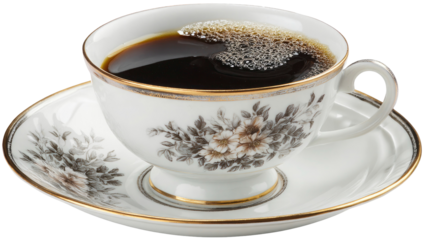Elegant White Porcelain Coffee Cup with Floral Design and Gold Trim Isolated on Transparent Background
