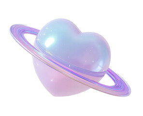 Pastel Heart-Shaped Planet with Iridescent Rings and Shimmering Stars Isolated on Transparent Background