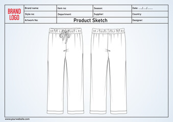 Ladies pajama pant technical drawing vector illustration template front and back