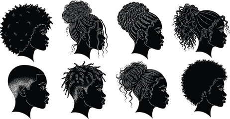 Black hairstyle profile illustration set, afro, bun, braids, locs, silhouette heads, cultural identity, vector sketch, grooming icon